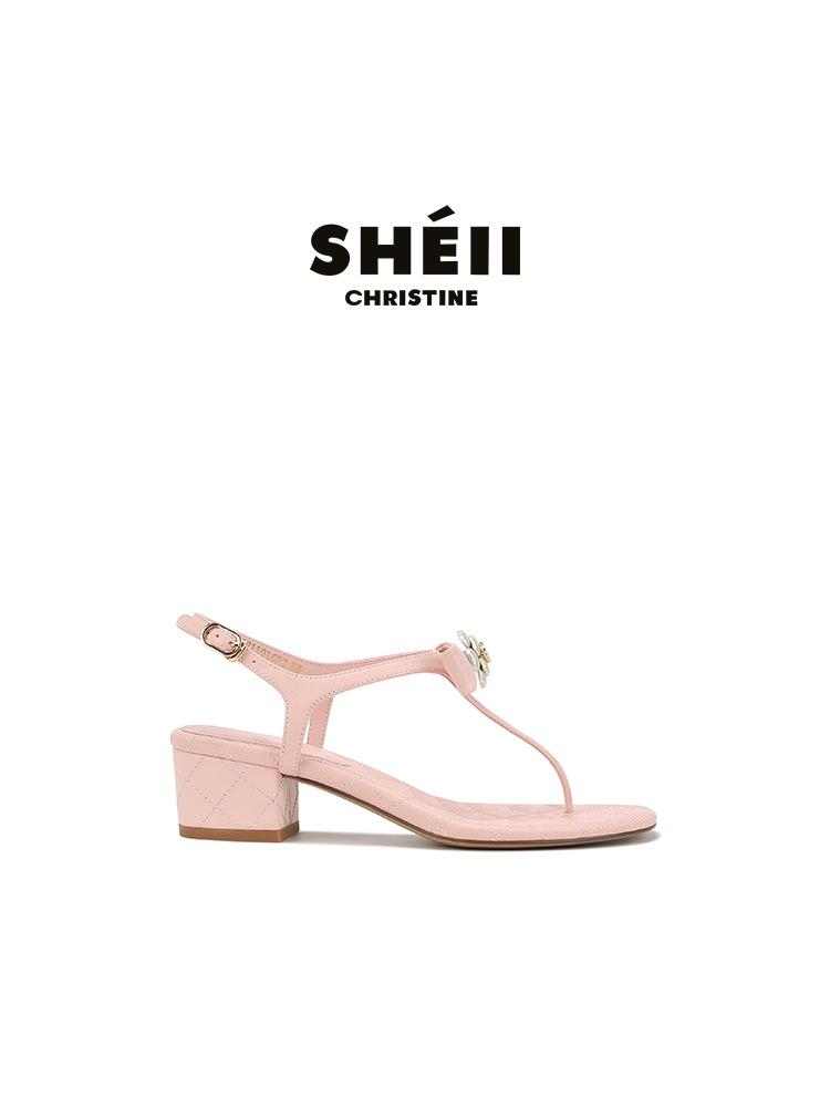 Su Yinyin Has the Same Xiaoxiangfeng Camellia Bow Toe Sandals, Soft Leather Versatile One-word Belt Flat Shoes, Women's Summer