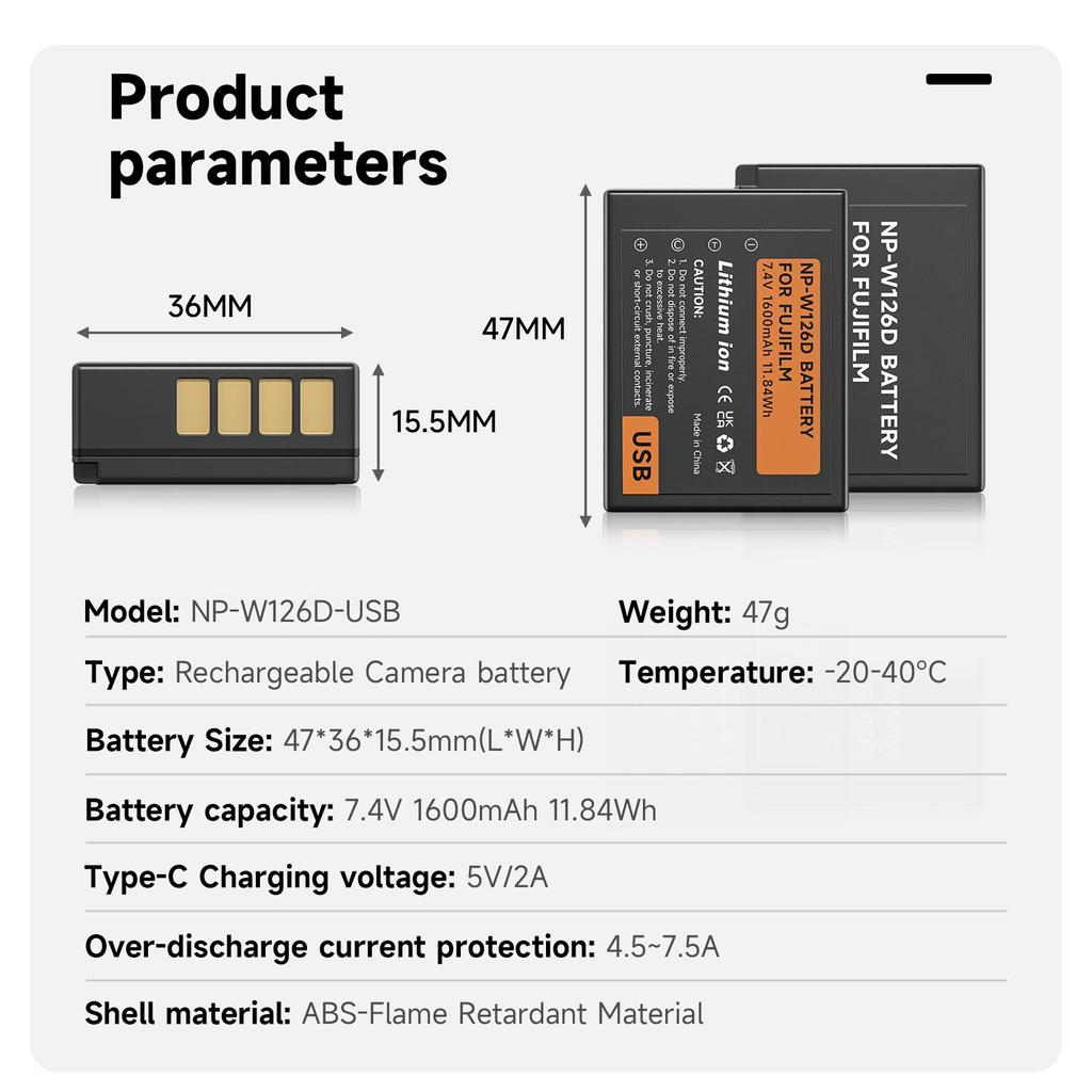 PALO NP-W126D NP-W126 Camera Replacement Battery with Type-C Charging Port Suitable for FUJI Fujifilm X-Pro1 X-T1, HS30EXR HS33EXR(1600mAh Li-ion)