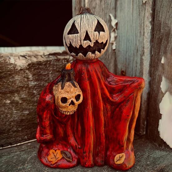 Хэллоуин Статуэтка Тыквы Жуткий Призрак Тыква Держащая Череп Фигурка Смола Готическая Декорация для Дома Внутри Снаружи Настольная Садовая Декорация