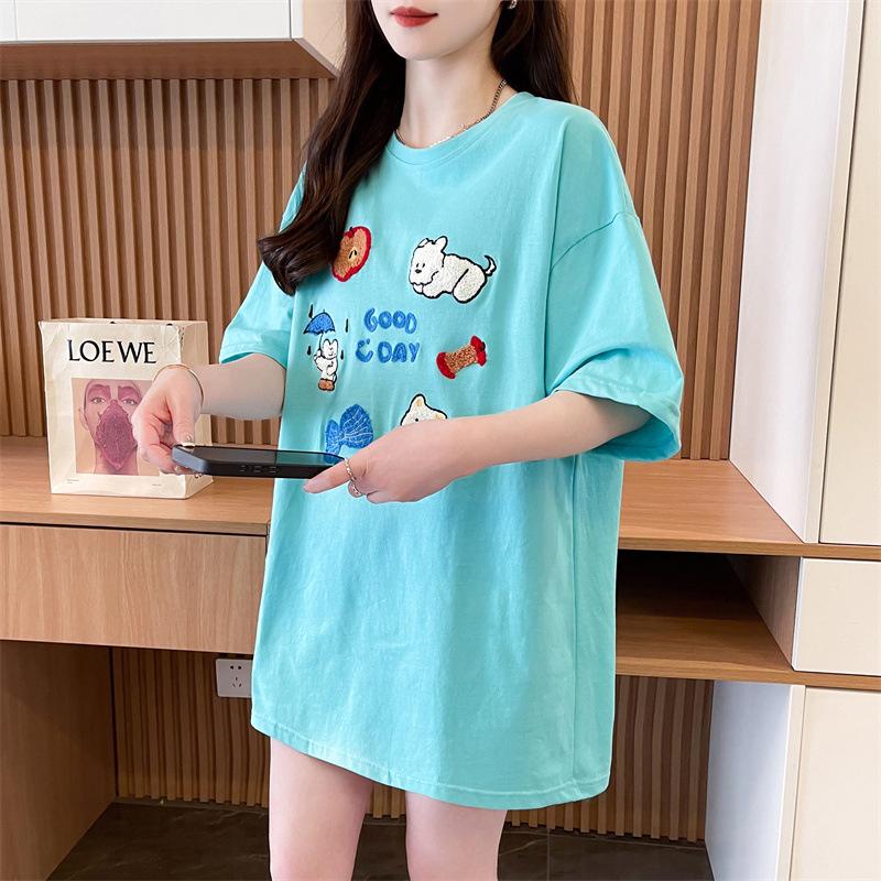 Large size women's clothing, foreign style, summer fashion embroidery, loose cartoon t-shirt, short-sleeved women's