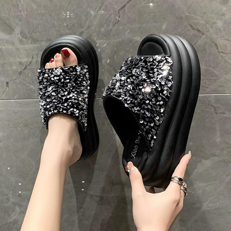 Trendy Black And Silver Thick Sole Sequin Slide Sandals For Women Summer Fashion