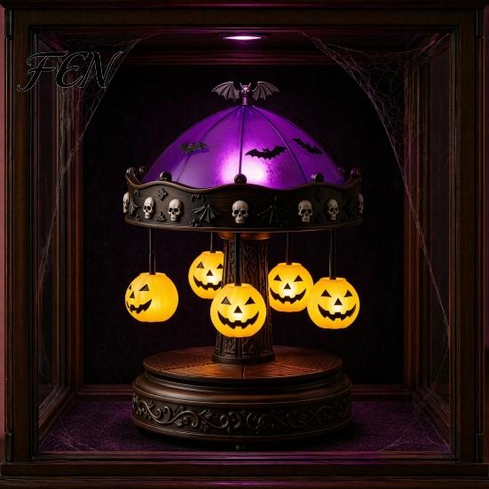 Creepy Halloween Table Light Ghost Carousel Light, Night Gothic Stained Glass Shade Witchy Room Decor with Floating Ghosts/Pumpkins, Spooky