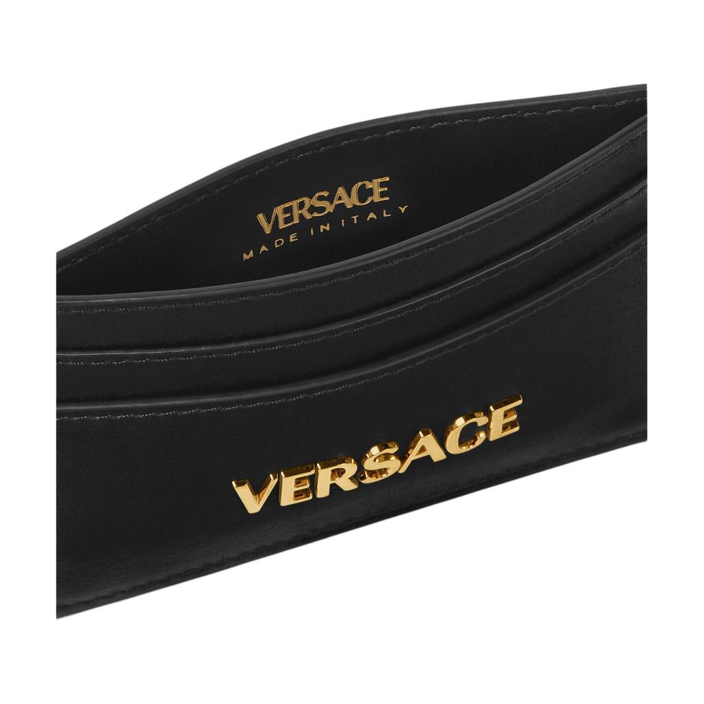 Versace Золотой металлический логотип Кожаный держатель для карт Женские аксессуары Черный 1020081-1A13677-1B00V