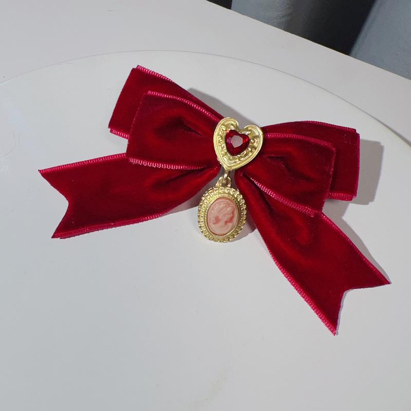 French Court Retro Burgundy Velvet Love Bow Brooch Autumn and Winter Lolita Bow Tie Women's Neckline Accessories