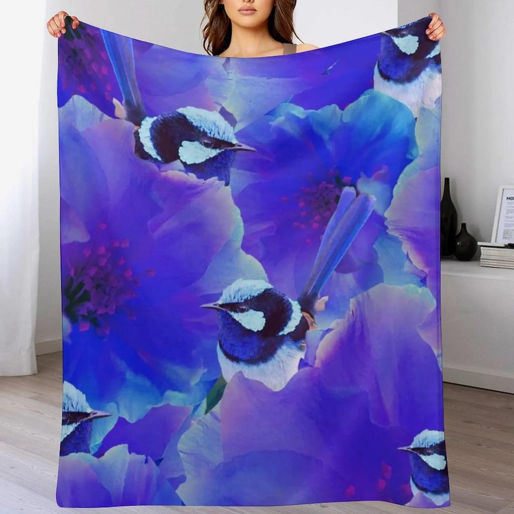 Bluetiful Spot the Wren Blossom Floral Blue Wren Behind Black Throw Blanket Plush Fuzzy Cozy Blanket for Couch Sofa
