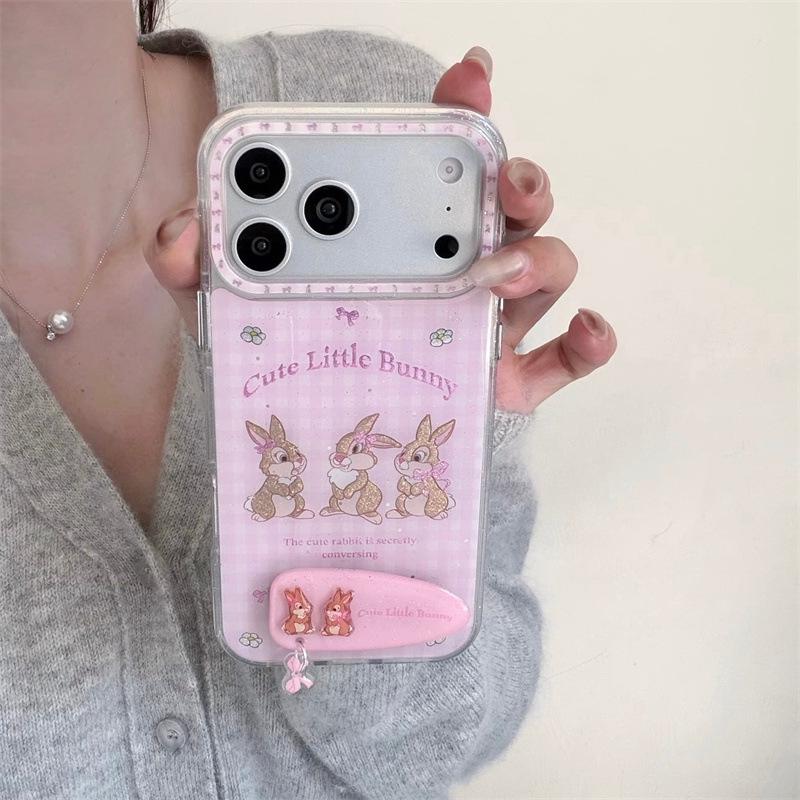 Розовый клетчатый чехол-подставка с кроликом для iPhone 17/16 Pro Max/15/14 - Девчачий дизайн