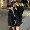 Women Jacket Thick Plush Lined Solid Color with Pockets Lapel Single-breasted Long Sleeves Warm Loose Denim Jacket Daily Outdoor Coat