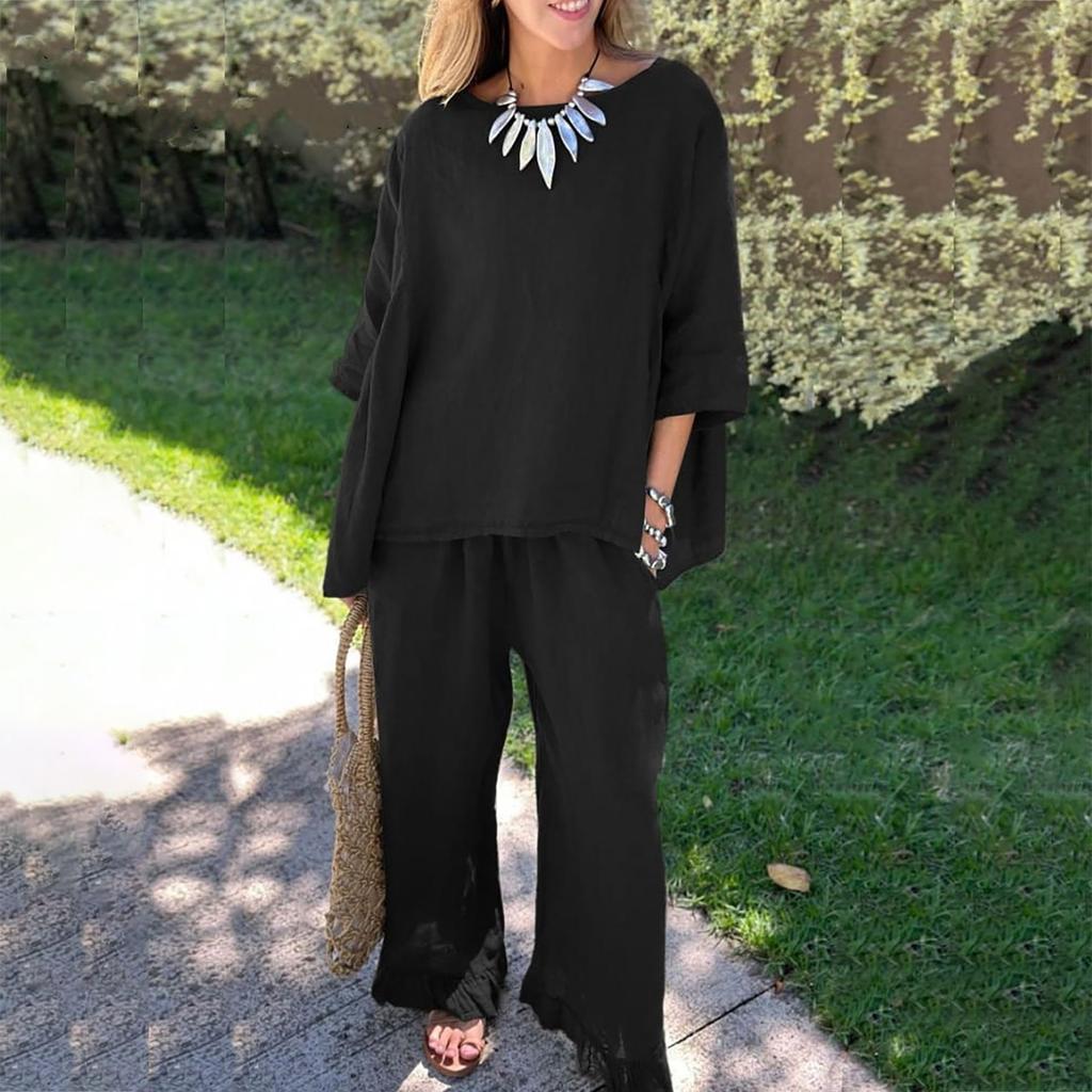 Новые осенние женские однотонные свободные повседневные брюки из хлопка и льна, костюм из двух предметов