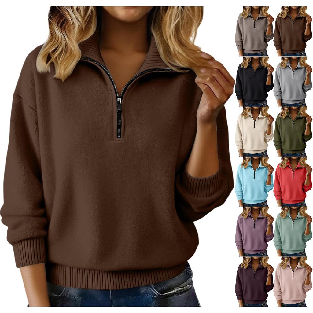 Autumn Winter Multi-Wear Half-Zip Knit Sweater with Zipper Collar for Women