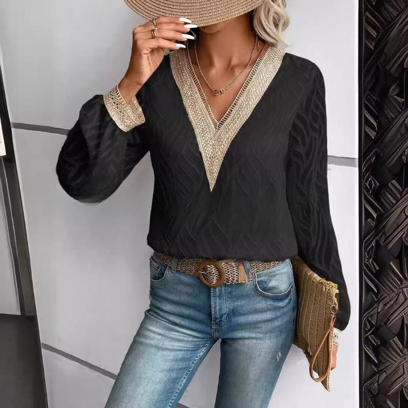 YYFS Женские модные повседневные весенне-осенние однотонные блузки и рубашки с v-образным вырезом и длинным рукавом с принтом