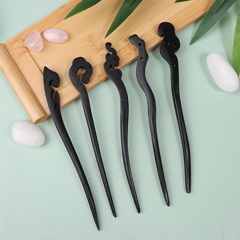 Традиционные деревянные черные палочки для волос в китайском стиле, заколки для волос, резная деревянная вилка для волос, винтажные палочки для еды, головные уборы для женщин, ювелирные изделия