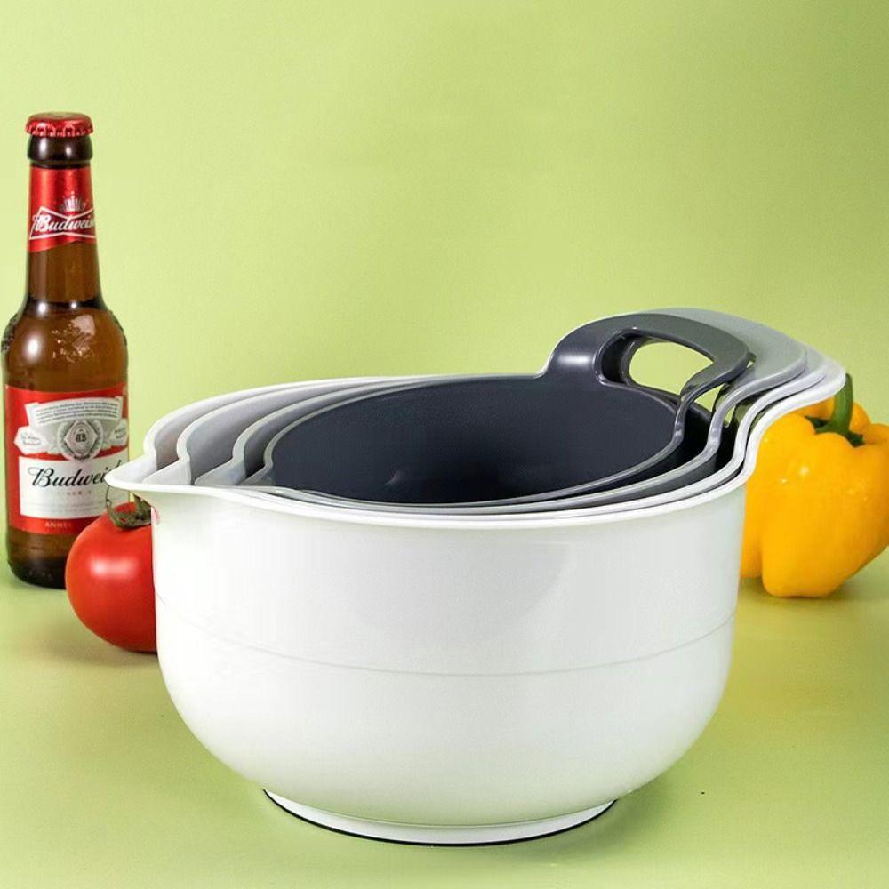 4pcs/set with Pour Spout Mixing Bowl Set with Handle Snacks Basin Salad Bowl Vegetables