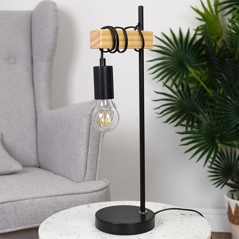 Lampa Stołowa Nocna na Szafkę Lampka Metalowa Drewniana Czarna Loftowa