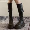 Модная кожаная женская обувь на массивном высоком каблуке, высокие ботинки до колена, на среднем каблуке, женская обувь, тренд 2025, модные зимние элегантные мотоциклетные ботинки, Mujer Botas