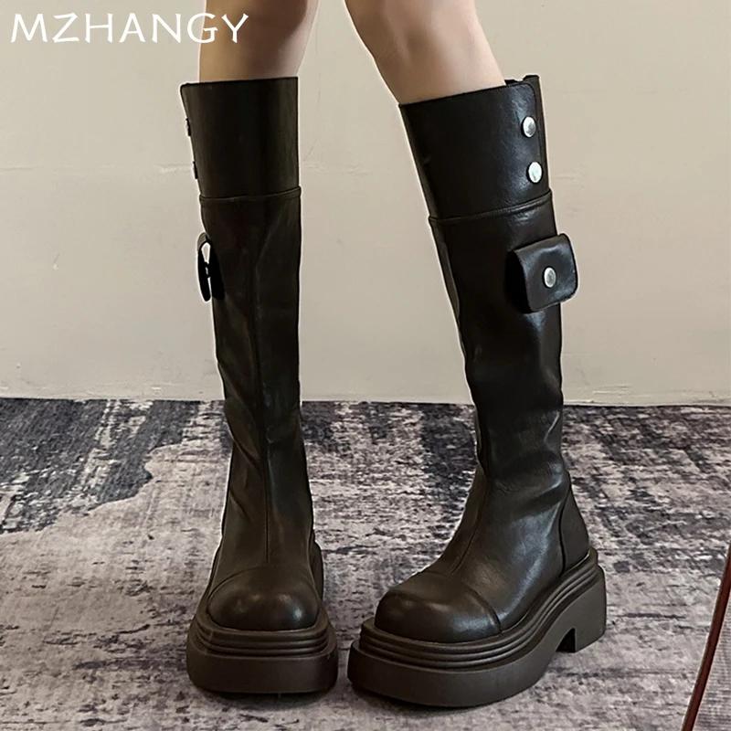 Модная кожаная женская обувь на массивном высоком каблуке, высокие ботинки до колена, на среднем каблуке, женская обувь, тренд 2025, модные зимние элегантные мотоциклетные ботинки, Mujer Botas