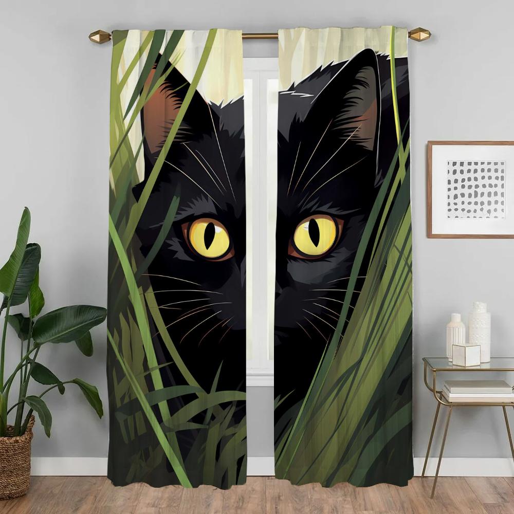 Black Cat Modern Living Room Curtains 2 Pieces Halloween Decoration Window Curtain Shades Kitchen Curtains for Camera Partition