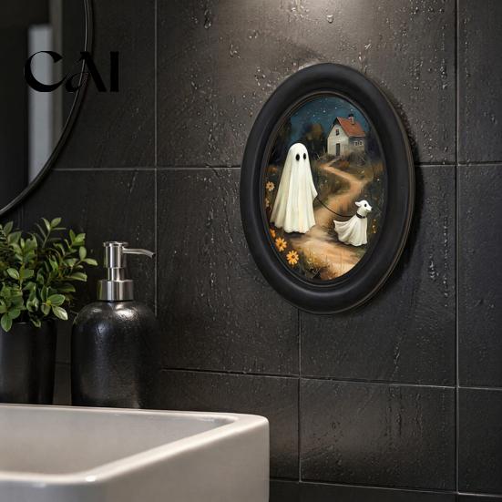 Niche Autumn Room Accent Halloween Gothic Oval Wooden Hanging Plaque, Vintage Black Cat Ghost Wall Art Sign, Retro Waterproof Decorative for