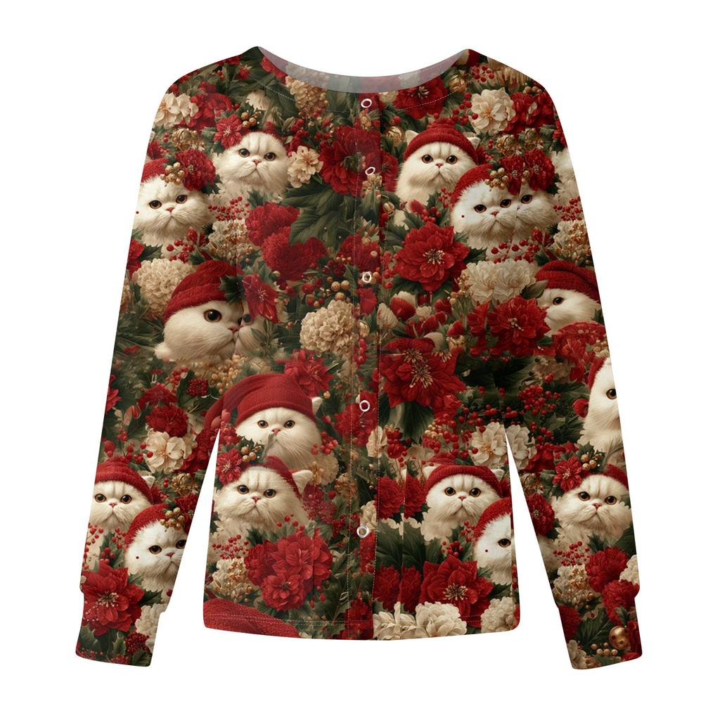 Women's Casual Fashion Long-Sleeve Single-Breasted Christmas Print Jacket