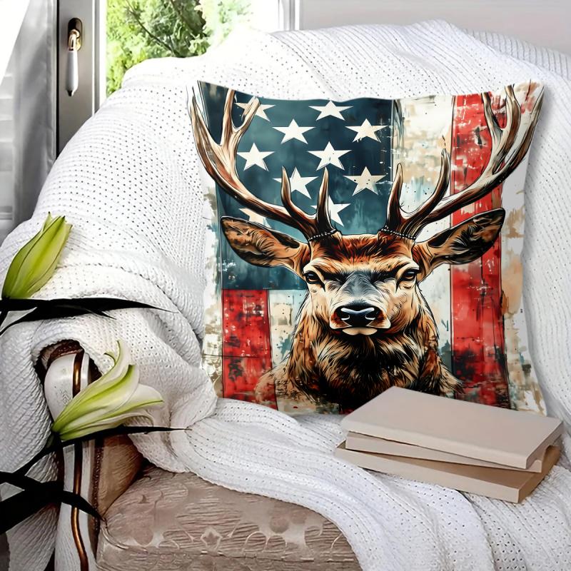 American Flag Deer Print Throw Pillow Double-Sided Vintage Patriotic Elk Cushion Case For Home Living Room Sofa Bedroom Decor