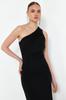 Women's Fashion New Evening Dress & Graduation Dress Black Fitted Single Sleeve Knitted Long Evening Dress