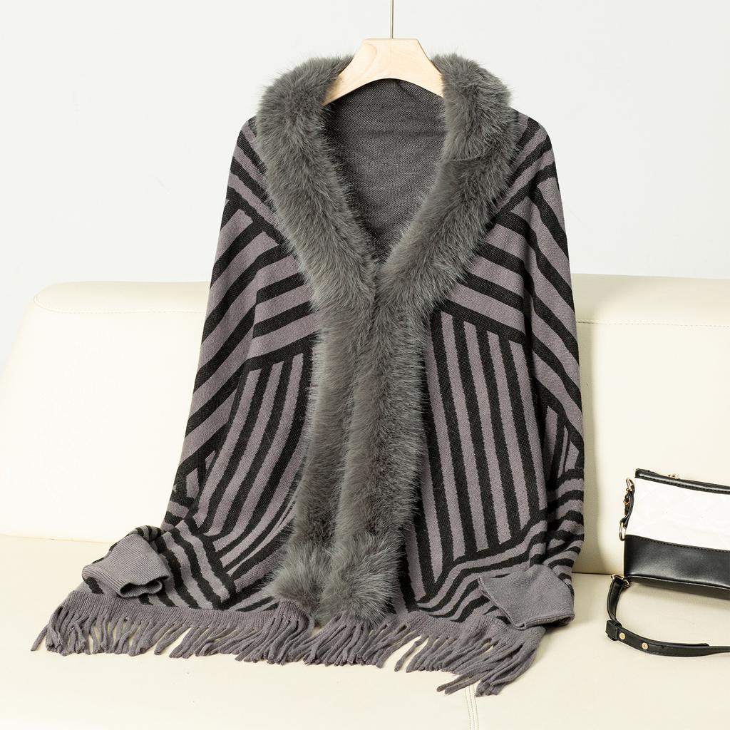 Women's Autumn and Winter Large-size Shawls Fashionable Striped Knitted Wool Collar Cardigan Loose Sweater Cape 5 Colors