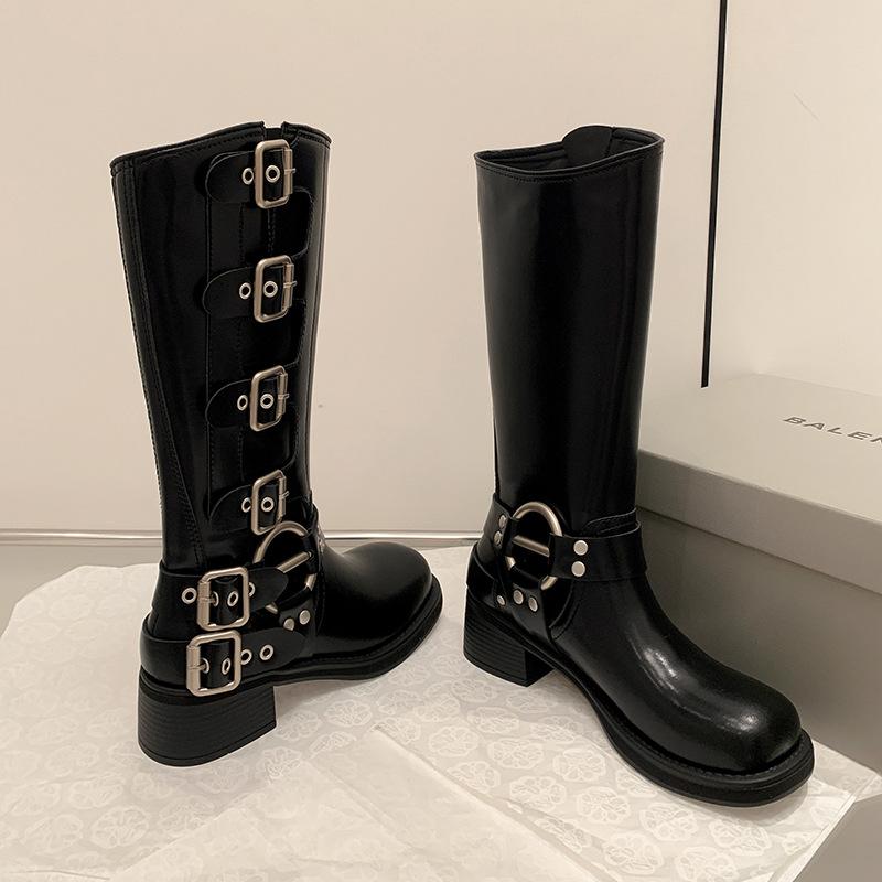 Модные новые коричневые длинные сапоги в стиле ретро с металлическим украшением, ковбойские байкерские сапоги в стиле ковбоя, грубые каблуки, высокие сапоги-трубы в английском стиле, женские дизайнеры