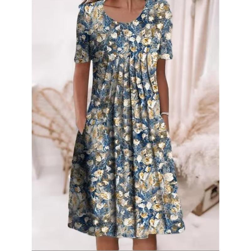 Женская мода лето весна цветочный узор принт короткий рукав О-образный вырез свободная талия повседневные платья