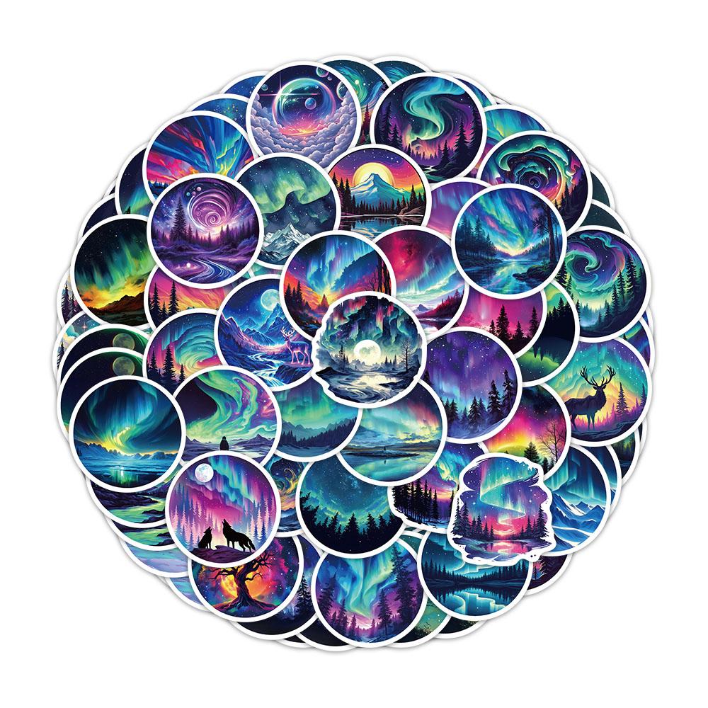 50PCS Northern Lights Art Graffiti Stickers Romantic Stickers Decoration Travel Box Refrigerator Mobile DIY Waterproof Stickers