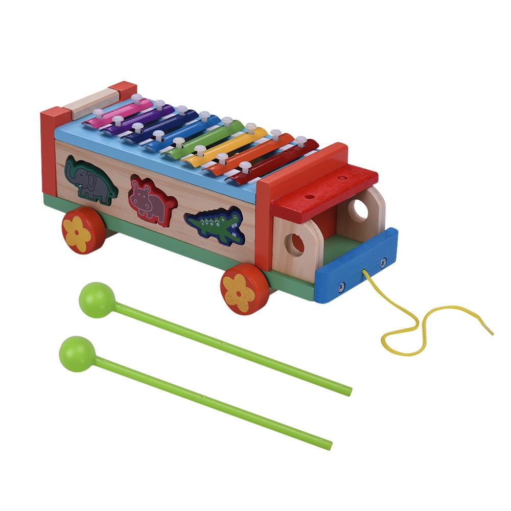 Multifunctional Wooden Toy Car with 8 Notes Xylophone Glockenspiel 7 Cute Animal-shaped Blocks Early Educational Toy Percussion Instrument Musical