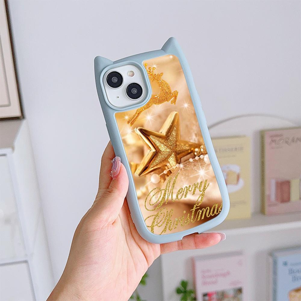 Мягкий чехол для телефона с кошачьими ушками для iPhone 16 15 14 13 12 11 Pro Max Plus XR TPU Anti-Drop Прозрачная акриловая задняя крышка NY37 Новый год Счастливого Рождества