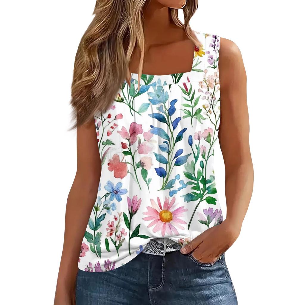 Women's Pleated Square Collar Sleeveless Vest Print T-shirt