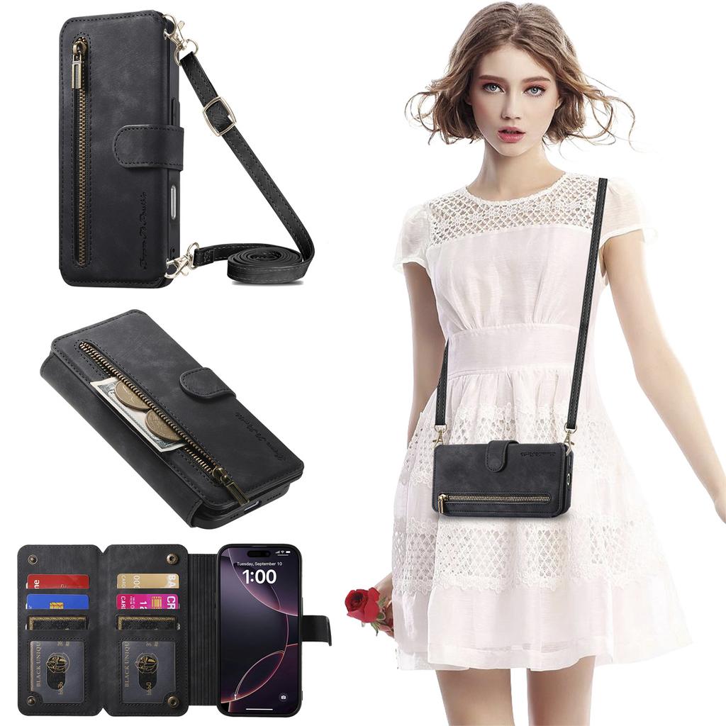 Чехол-кошелек 4-в-1 для серии iPhone XS/11/12/13/14/15/16/17 (Протектор, Держатель для карт, Сумка через плечо, Подставка)