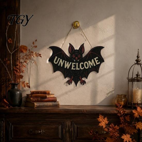 Bat Shape Door Decor Halloween Decorations, Gothic Wooden Sign for Front Door, Unwelcome Gift Friends Decor, Party Favors Supplies Black Wall Hanging
