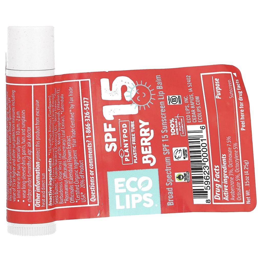 Eco Lips, солнцезащитный бальзам для губ, SPF 15, ягодный, 4,25 г (0,15 унции)