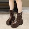 Модная женская панк-обувь, ботинки на высокой платформе 9,5 см, уличная кожаная обувь, новые осенне-зимние металлические ботинки до середины икры, скрытые каблуки, мотоциклетные ботинки