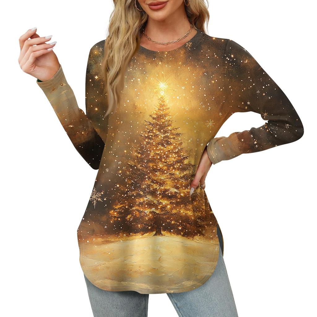 Womens Long Sleeve Round Neck Shirts Side Split Basic Loose Tunic Tops Christmas Print  Casual Shirts