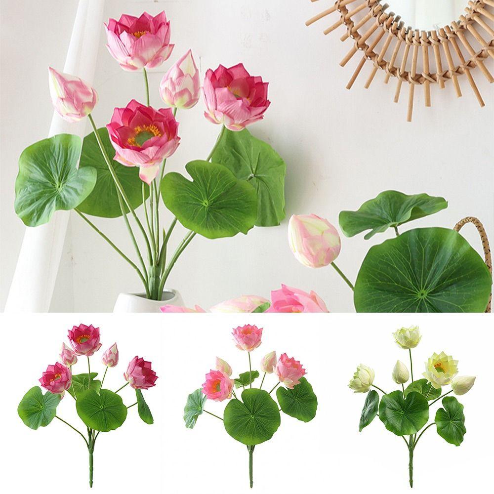 Multicolor Lotus Artificial Flower Silk Flower DIY Lifelike Flower Green Lotus Leaves Simulation Lotus Flower Desktop Ornament