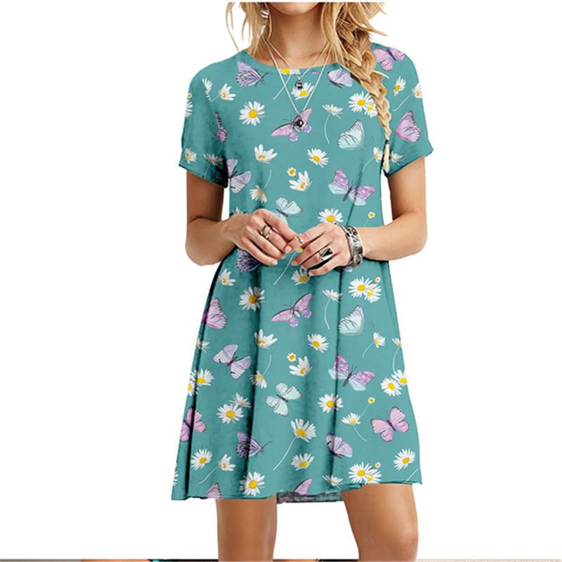 3D Green Leaves Floral Printed Dress For Women Summer Loose Casual Short Sleeve O-Neck Dress
