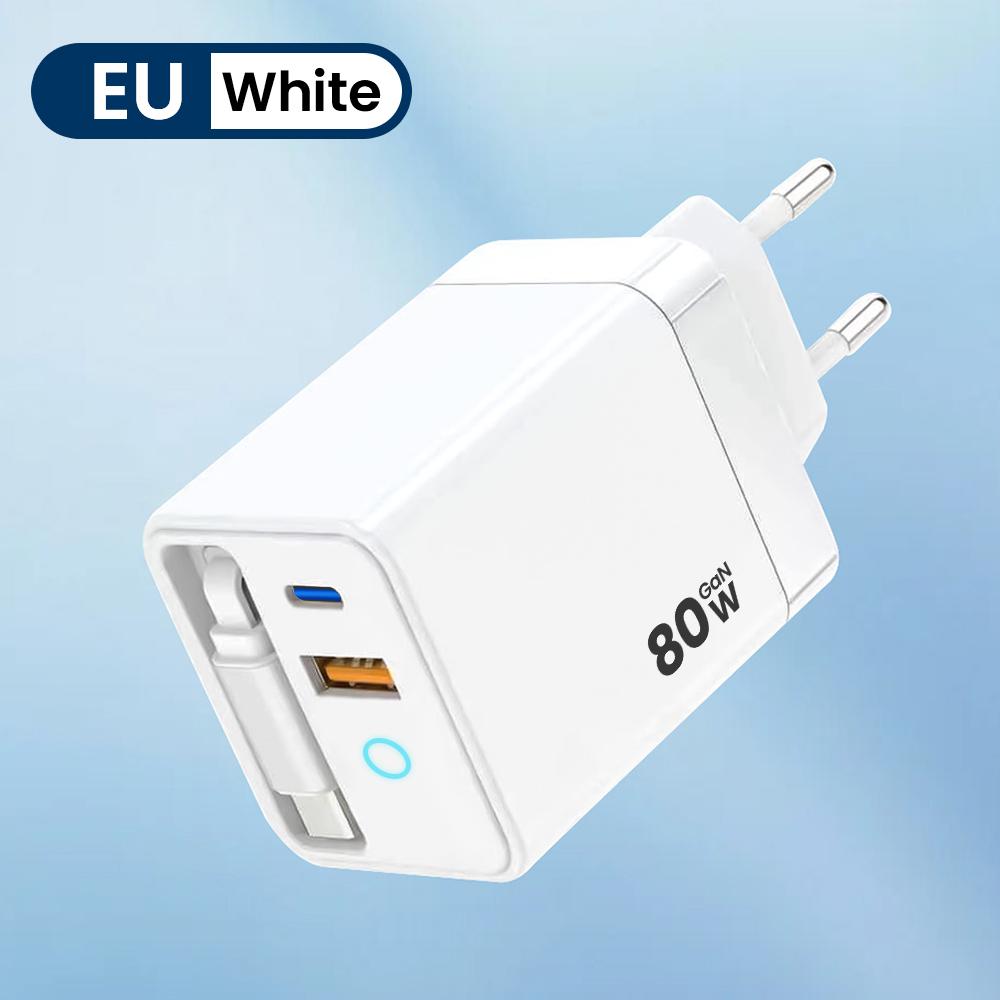 80-ваттное USB Type C зарядное устройство с выдвижным кабелем, быстрая зарядка PD для iPhone 17 16, ноутбука, Macbook, телефона
