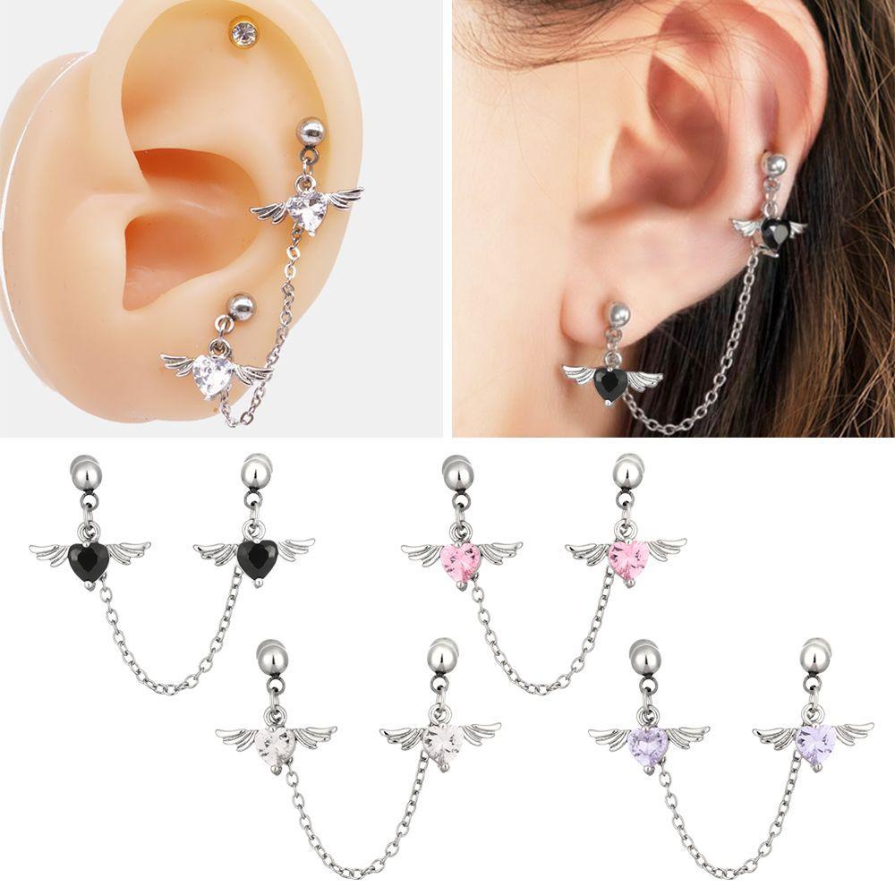 Women Girls 1.2mm Cartilage Earring Studs Helix Piercing Earring Angel Wings Heart Double Lobe