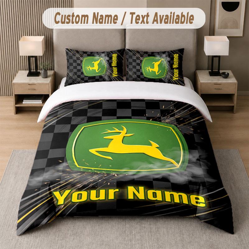 Custom Bedding Set John Deere Pattern, Print Name Text 1 Duvet Cover plus 2 Pillowcases Home Textile