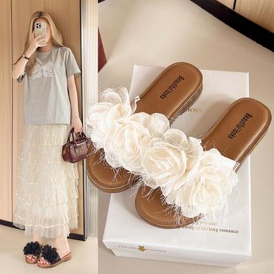 Мода 2025Женские шлепанцы с цветочным принтом, повседневная обувь для ходьбы, женские летние модные сандалии для платья, уличные розовые неглубокие Zapatillas Mujer