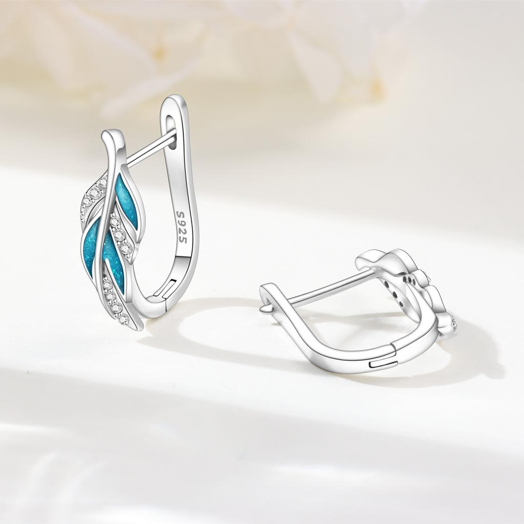 S925 Sterling Silver Blue Feather Lucky Symbol Earrings Hoop Earrings Women Jewelry Original Trendy Anniversary Gifts