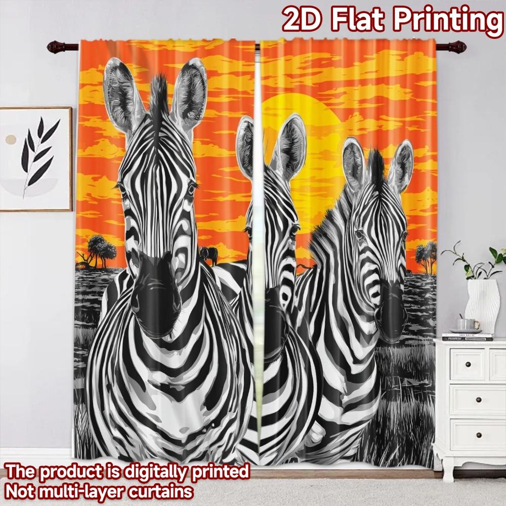 2D flat printing 2pcs Curtain Window Drapes Sunset with Zebras Digital Printed Polyester Drapes Festive Wall Decor for Holiday