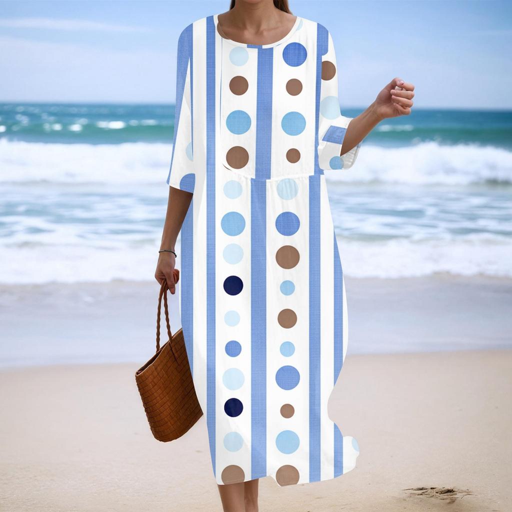 Женское модное платье свободного кроя с принтом, круглым вырезом и рукавом три четверти