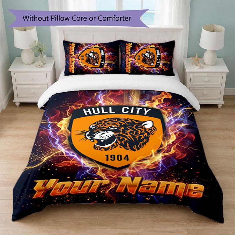 Постельное белье Hull City с индивидуальным текстом и именем 1 пододеяльник + 2 наволочки Логотип футбольной команды Персонализированный подарок для особого случая Декор спальни