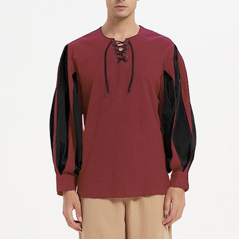 Летняя мужская винтажная свободная рубашка рыцаря со шнуровкой и длинными рукавами, средневековая драматическая рубашка для выступлений