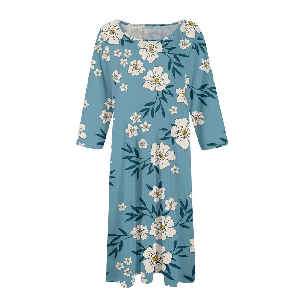 Женское модное повседневное миди-платье с круглым вырезом и рукавами три четверти