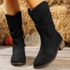 Women Pleated Mid Calf Boots New Fashion Designer Shoes Round Toe Slip On Mid-calf Boots Low Heel Boots Women Shoes for Women