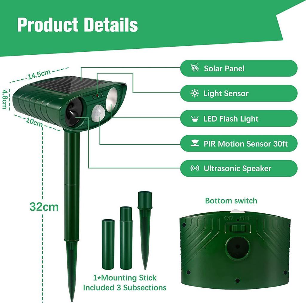 Солнечный ультразвуковой отпугиватель животных и птиц с инфракрасным датчиком